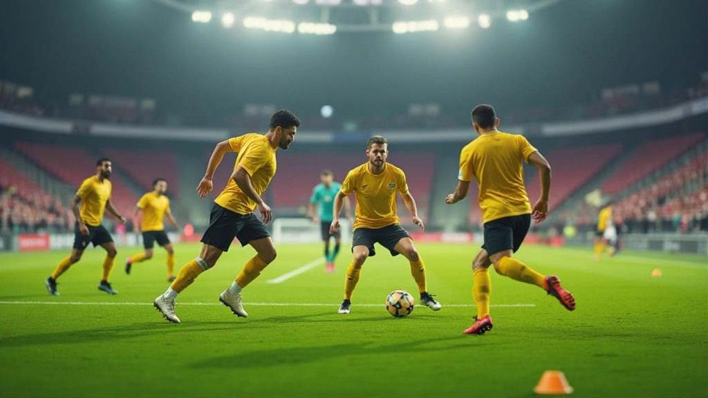 فريق كرة قدم احترافي يتدرب على تنفيذ استراتيجيات دفاعية وهجومية منسقة