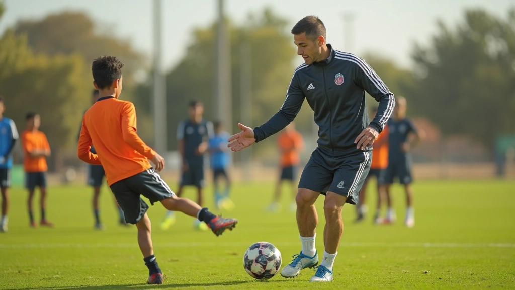 مدرب يوضح تقنية صحيحة للتحكم بالكرة لمجموعة من لاعبي كرة القدم الشباب