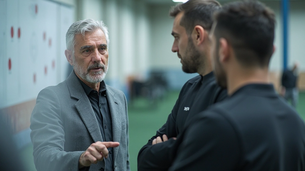 مدرب كرة قدم يحلل التكتيكات على لوحة استراتيجية مع فريق