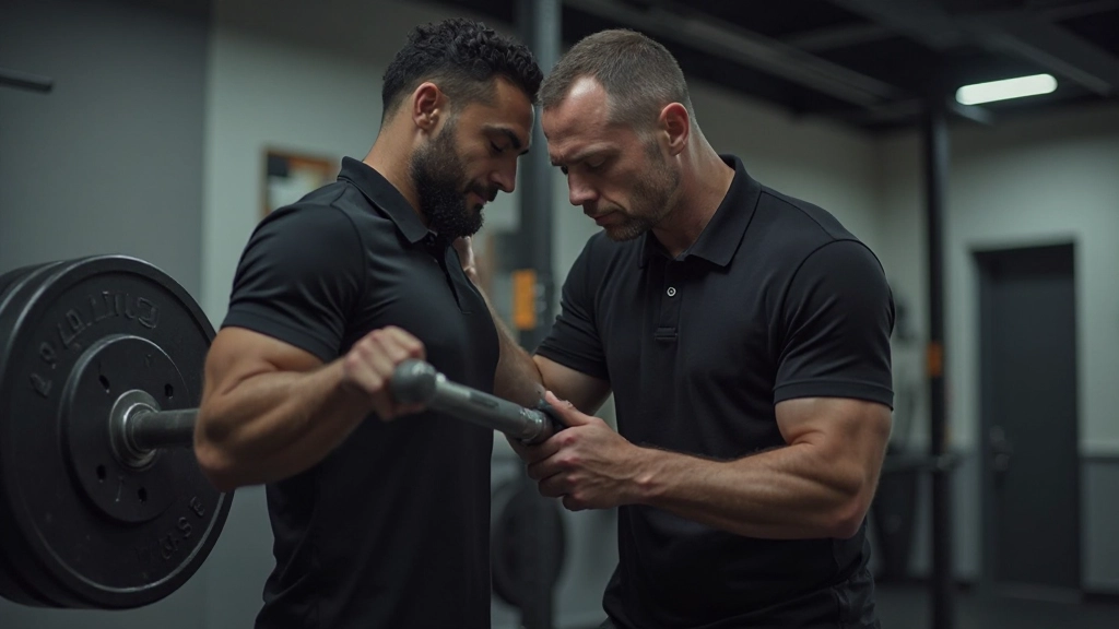 مدرب يساعد لاعب كرة قدم في أداء تمرين الرفعة الميتة بشكل صحيح في صالة ألعاب رياضية احترافية