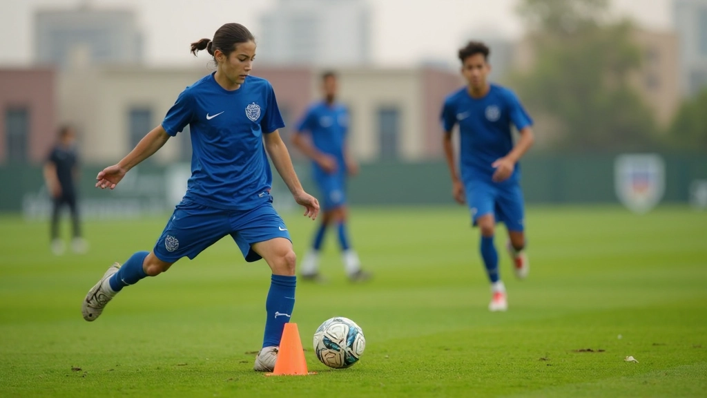 لاعبون شباب يتدربون على المهارات الفنية مع مدرب متخصص